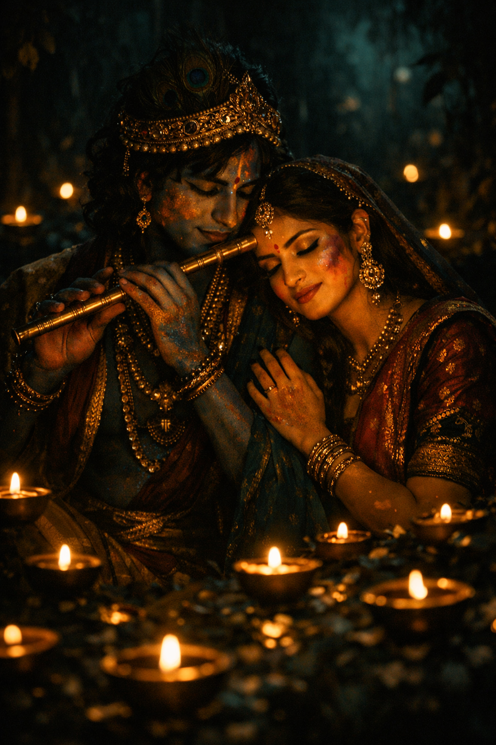 Radha Krishna in atmospheric night forest with floating diya glow dark teal and gold color palette